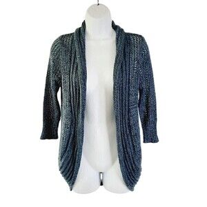 Notations Cardigan Open Front Crochet Knit Sweater Size Small Blue SOFT Stretchy